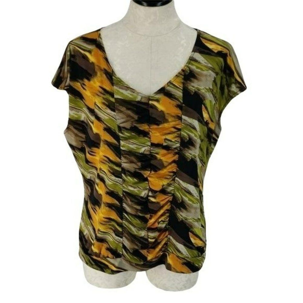 Worthington Stretch XL Abstract Print Ruched V-Neck Blouse Yellow Green Top